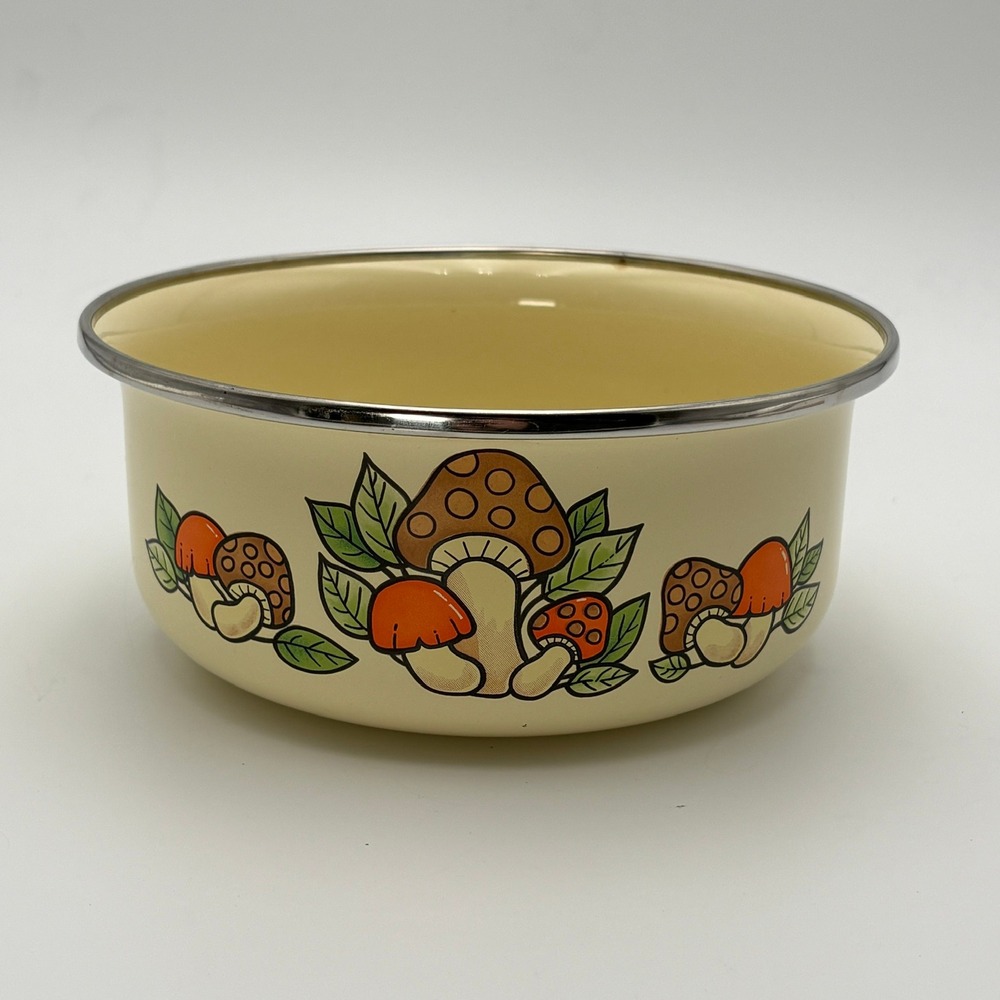 Vintage Sears Merry Mushroom Enamel Bowl Retro 70s Cottagecore 6.5 Inch